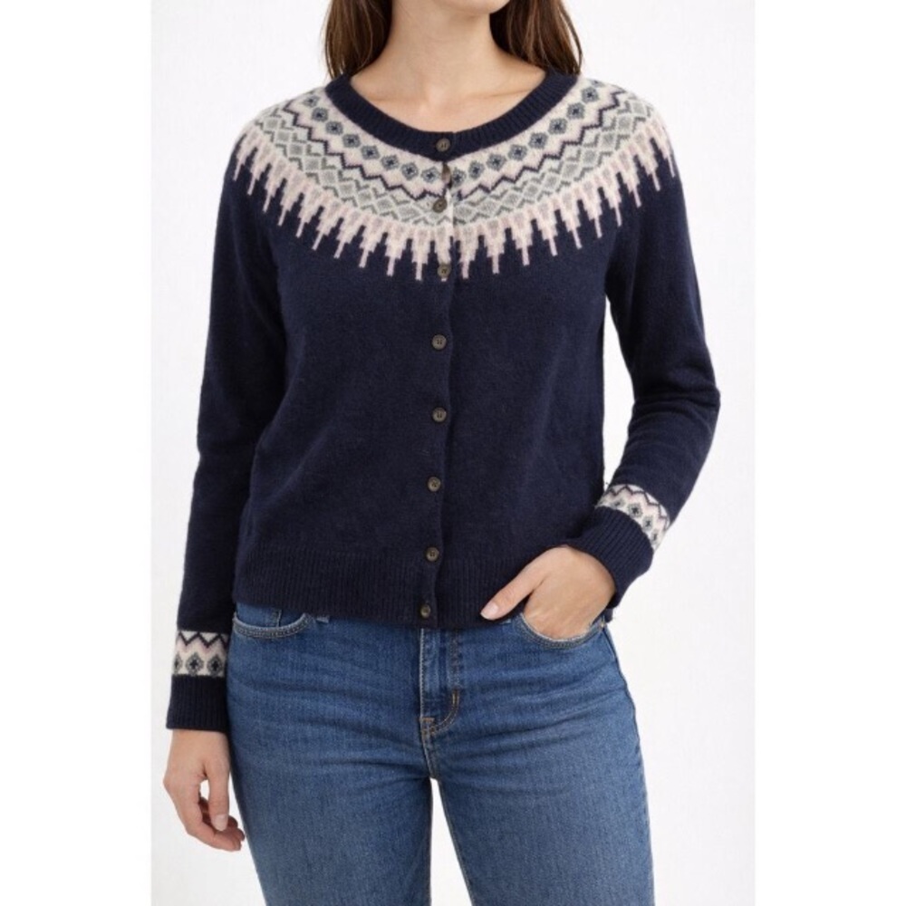 Cambridge Fair Isle Lambswool Button Cardigan Sweater Women’s Size M Blue Plink